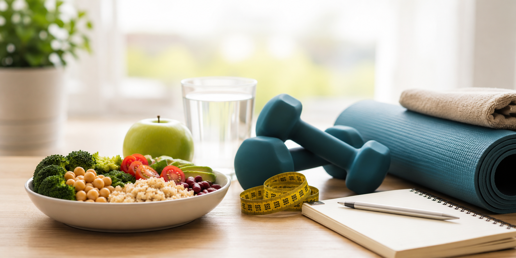 Healthy weight management and wellness concept featuring a balanced meal with broccoli, chickpeas, quinoa, avocado, and cherry tomatoes on a wooden table alongside a green apple, glass of water, dumbbells, yoga mat, measuring tape, and notebook in a bright, naturally lit setting. Healthy weight management and wellness concept featuring a balanced meal with broccoli, chickpeas, quinoa, avocado, and cherry tomatoes on a wooden table alongside a green apple, glass of water, dumbbells, yoga mat, measuring tape, and notebook in a bright, naturally lit setting.