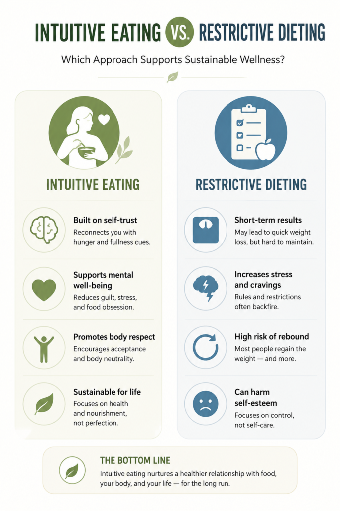 Minimal infographic comparing intuitive eating and restrictive dieting, highlighting key differences in sustainability, mental well-being, body respect, and long-term healthy eating habits with simple icons and a clean green-and-blue design.