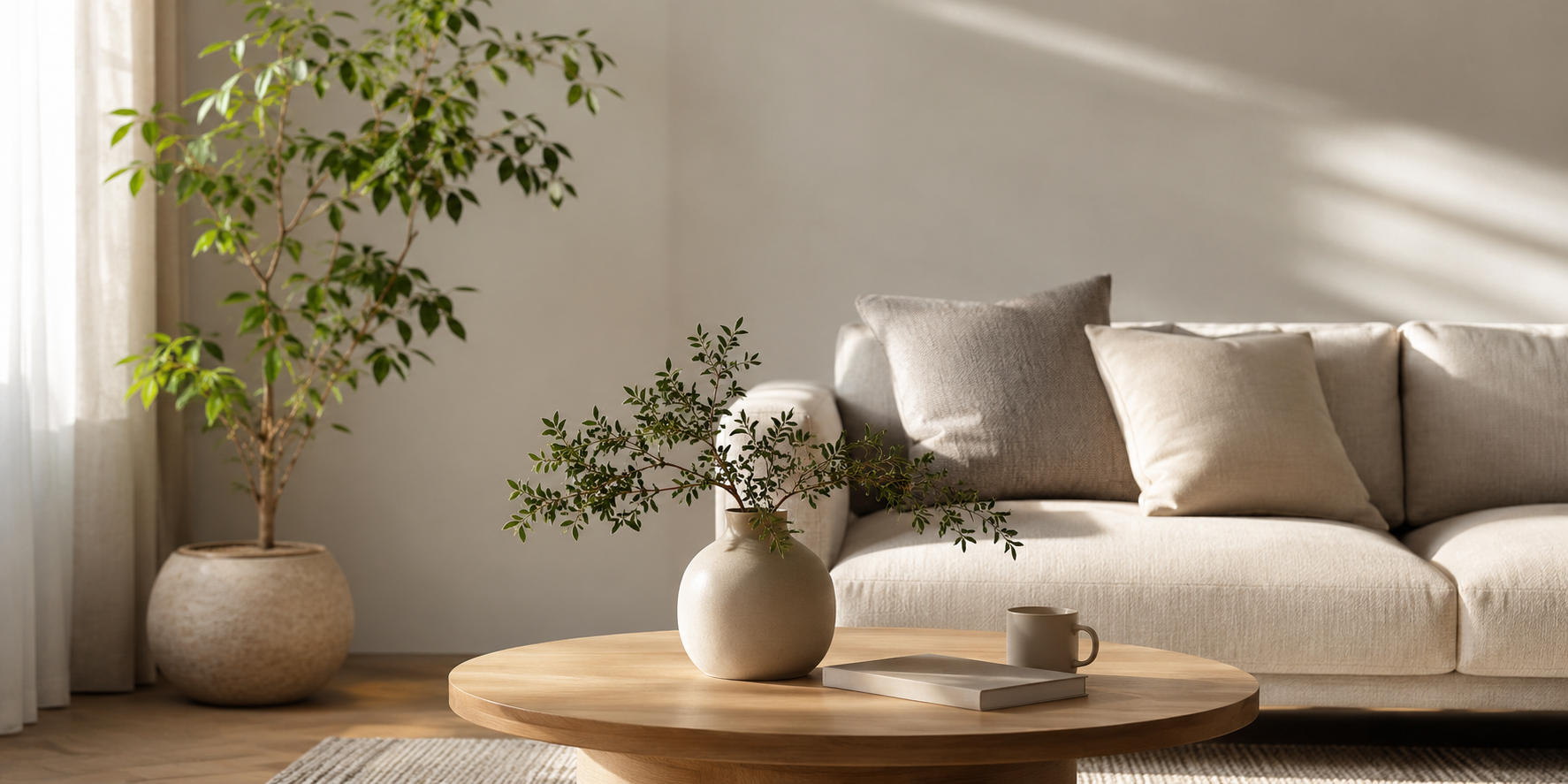 Modern, sunlit living room with a neutral beige sofa, wooden coffee table, ceramic vase with green foliage, indoor potted tree, and soft natural light creating a calm, minimalist interior.