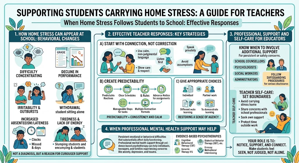 Supporting Students Carrying Home Stress: A Guide for Teachers," organized into four main color-coded sections on a light mint-green background.