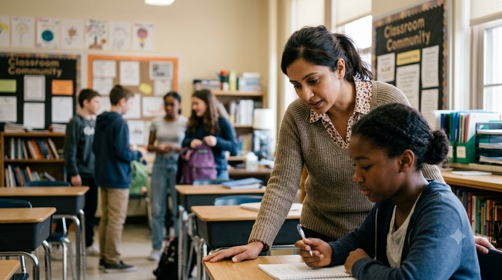 Here is a realistic image that captures a supportive teacher-student dynamic in a classroom,