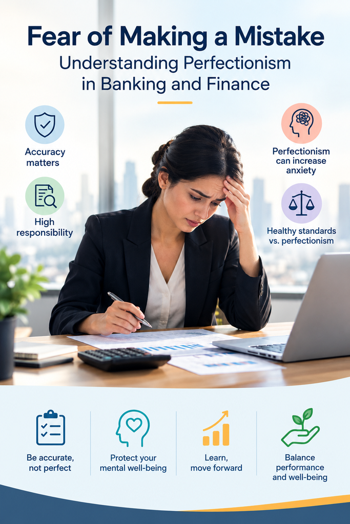 Infographic explaining perfectionism in banking and finance, highlighting accuracy, responsibility, anxiety, healthy standards, mental well-being, and work-life balance.